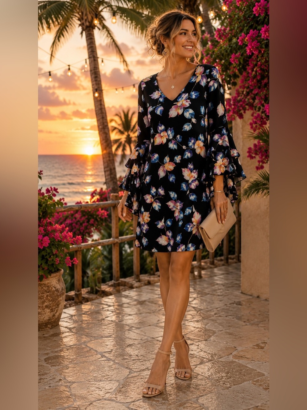 Nicole Miller Watercolor Leaf Bell Sleeve Dress Size 8